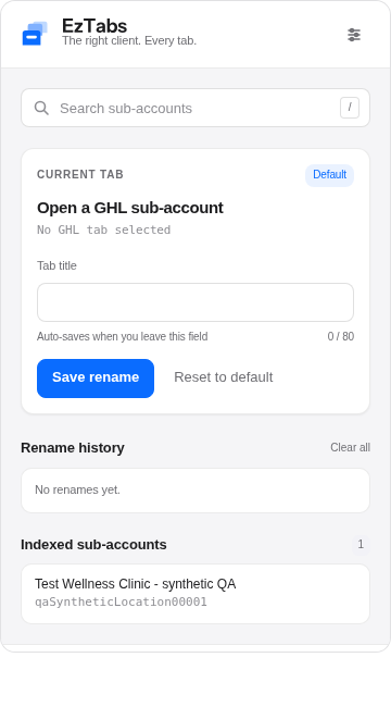 Real EzTabs popup with a synthetic test sub-account